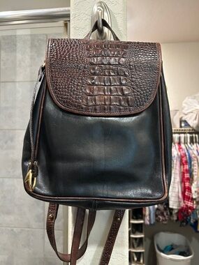 Brahmin Black Leather Backpack with Brown Croc-Embossed Flap